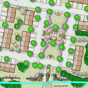 Residential community layout featuring a gated entry, green spaces, and landscaped gardens, highlighting pathways and surrounding buildings.